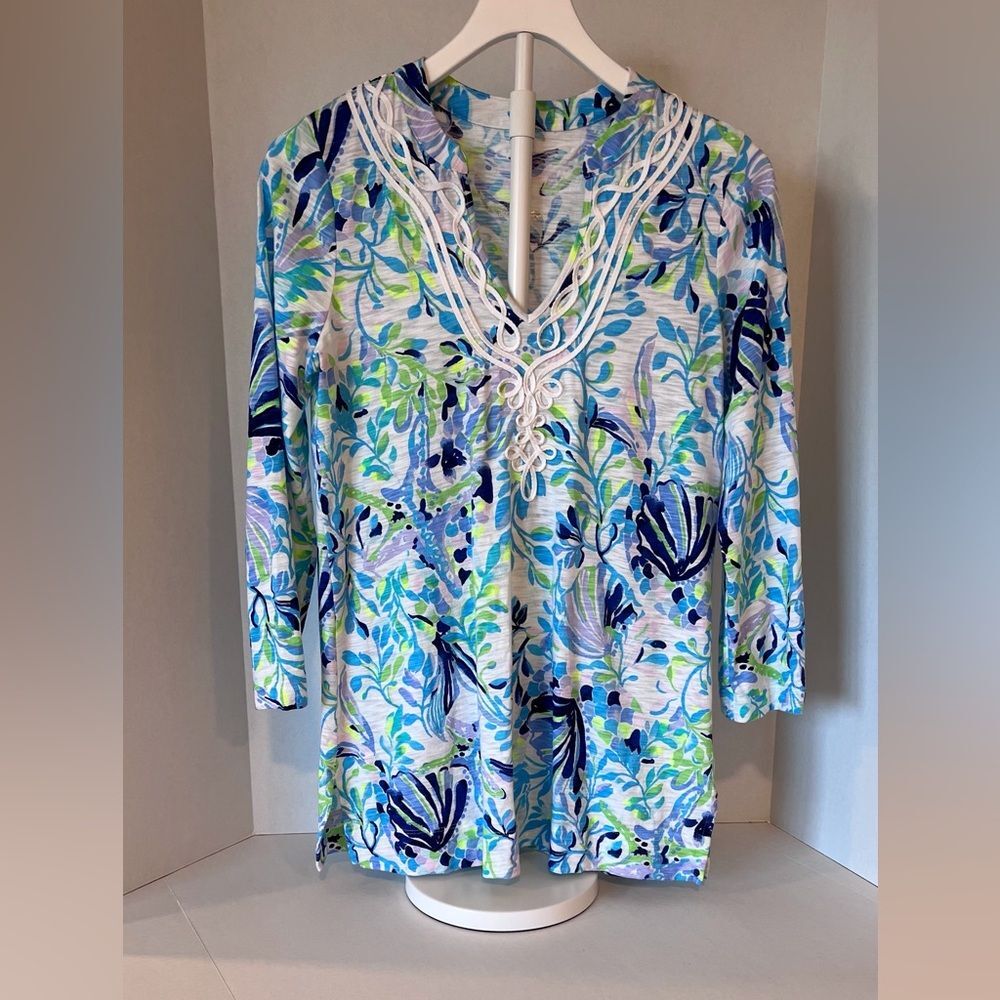 Lilly Pulitzer Blue Green Floral Lace-Up Tunic Shirt/Coverup Size S